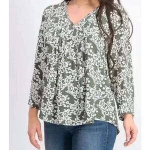Fun2Fun Floral Print V-Neck Blouse Long Sleeve Casual Green White Pattern Top XS
